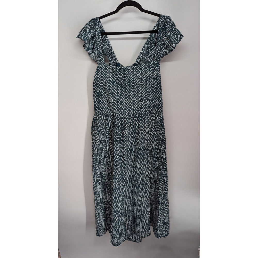 NWT Banana Republic Dress Womens XXL Green Chevron Ruffle Sleeve Tie Back Midi - Picture 2 of 8